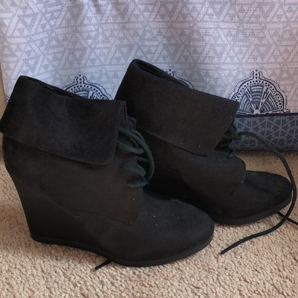 Black lace up wedge booties faux suede - Picture 2 of 5
